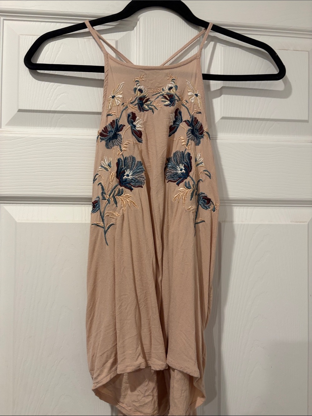 Blush High-Low Halter Dress with Blue Floral Embroidery